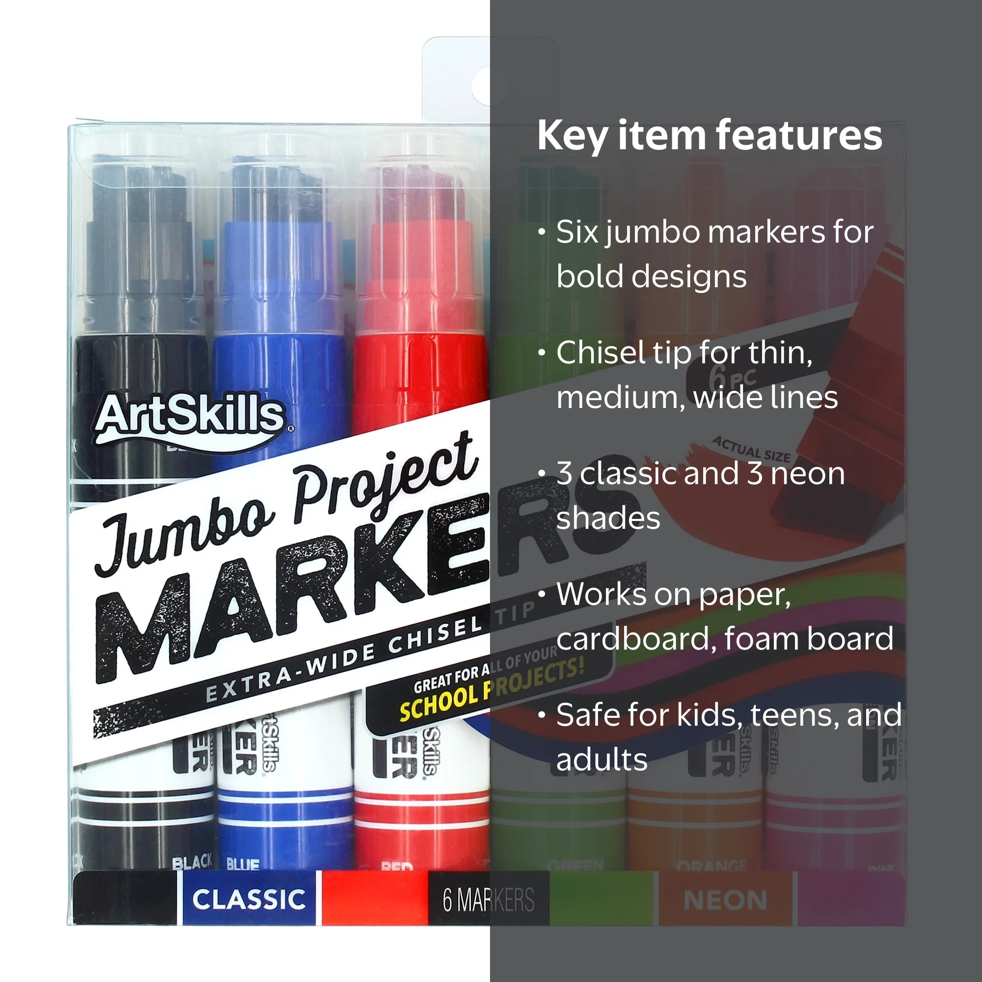 ArtSkills Jumbo Chisel-Tip Markers, 6-Pack, Assorted Neon