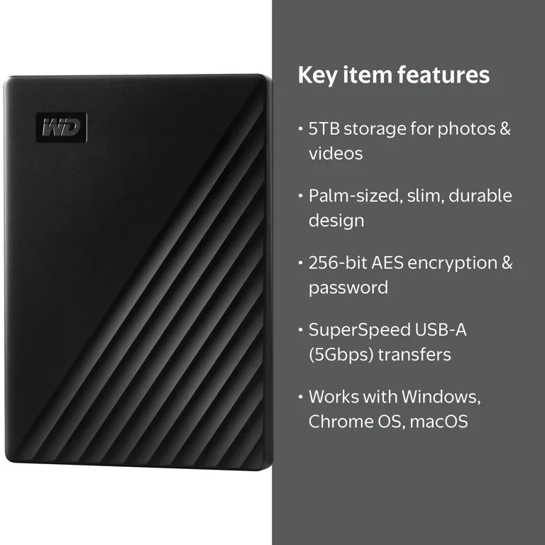 WD 5TB My Passport External HDD, Portable, Backup USB, Computer