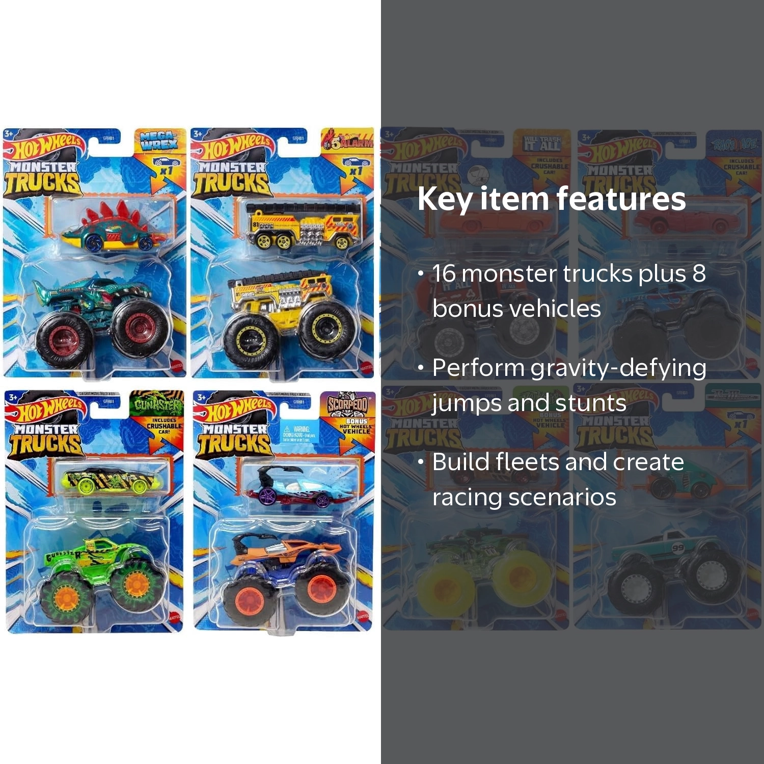 Hot Wheels Monster Trucks with Bonus Vehicles, Bundle of 8, Ages 3