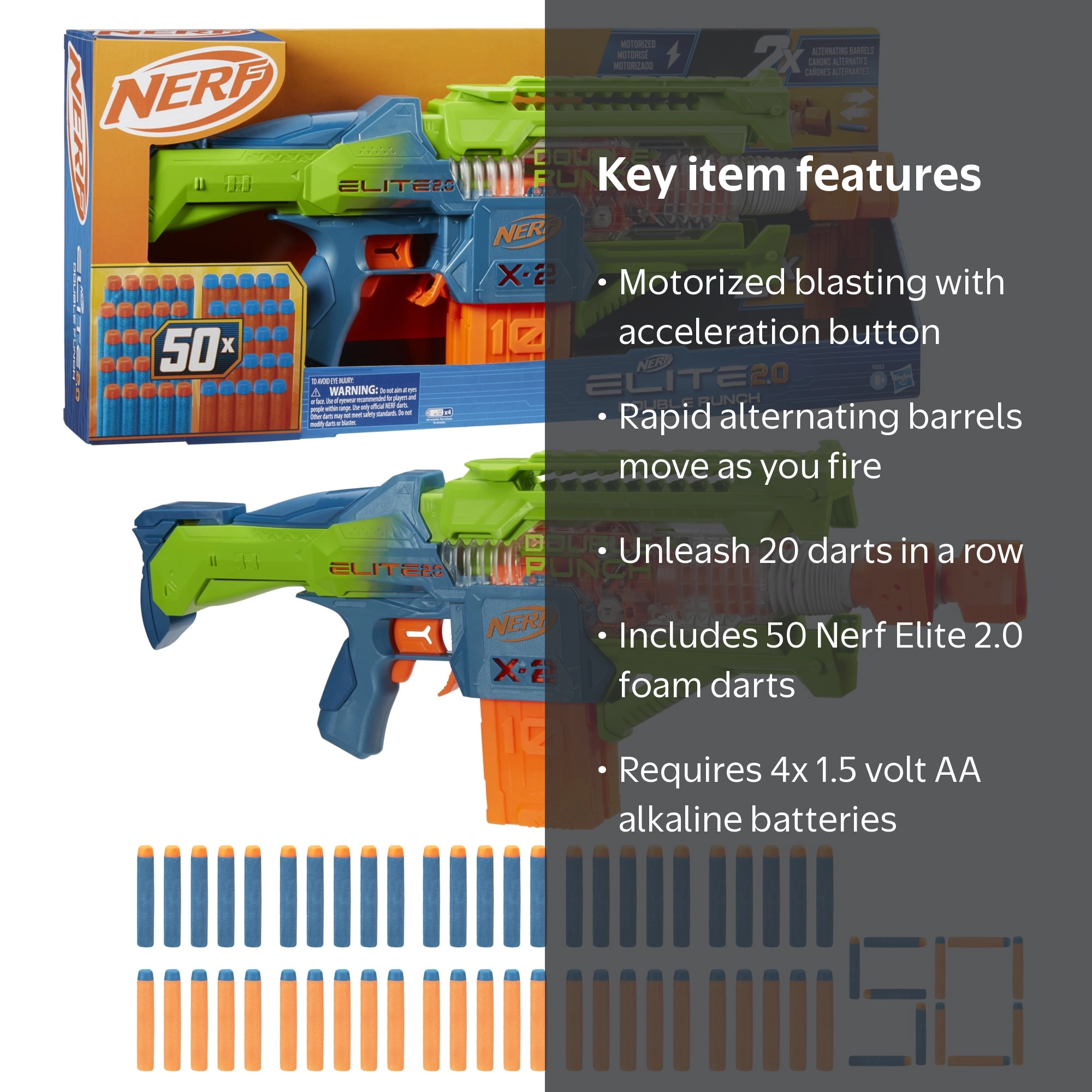 Nerf Elite 2.0 Double Punch Motorized Blaster, Double Barrels, 2x