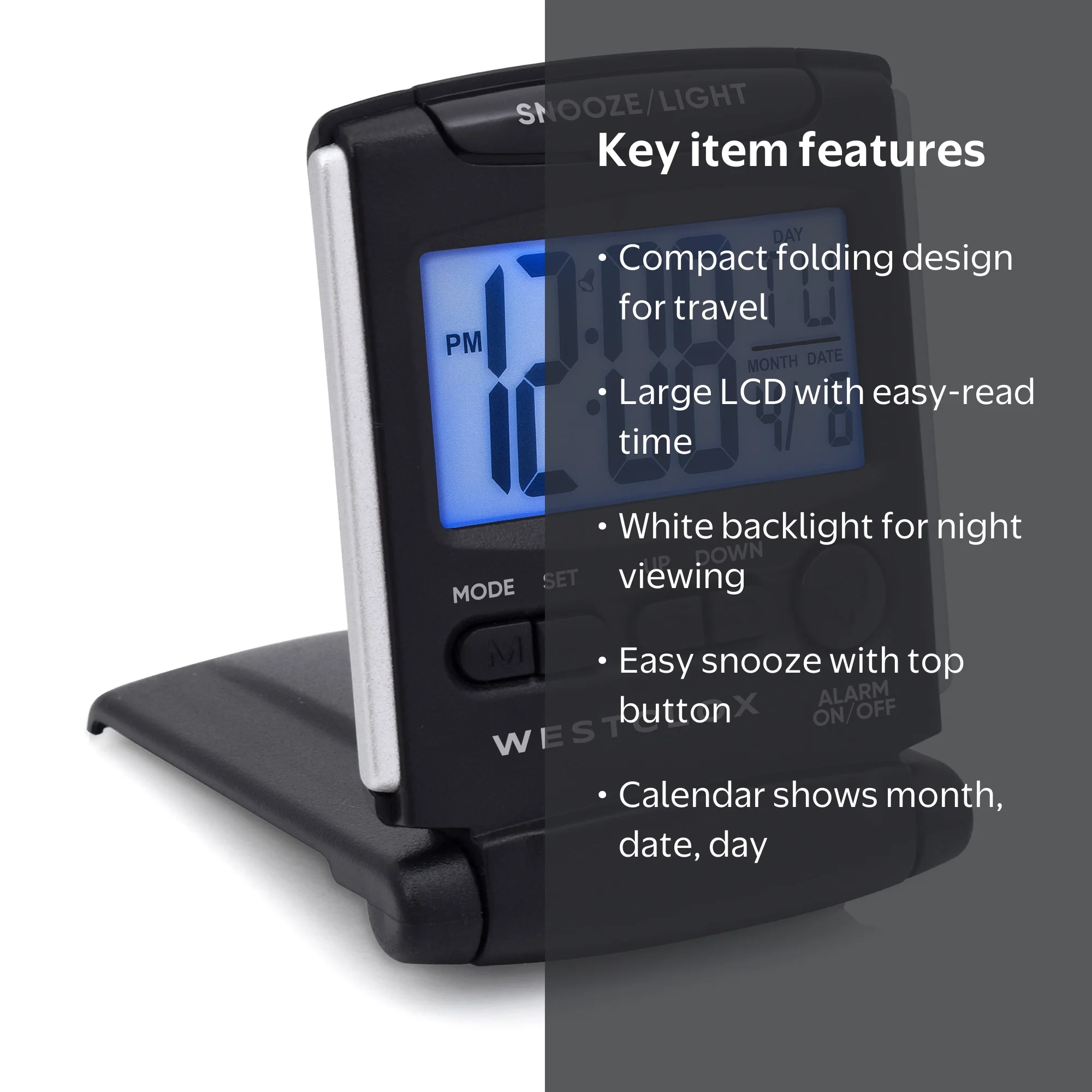 Westclox Foldable Travel Alarm Clock with Large LCD Display, Black