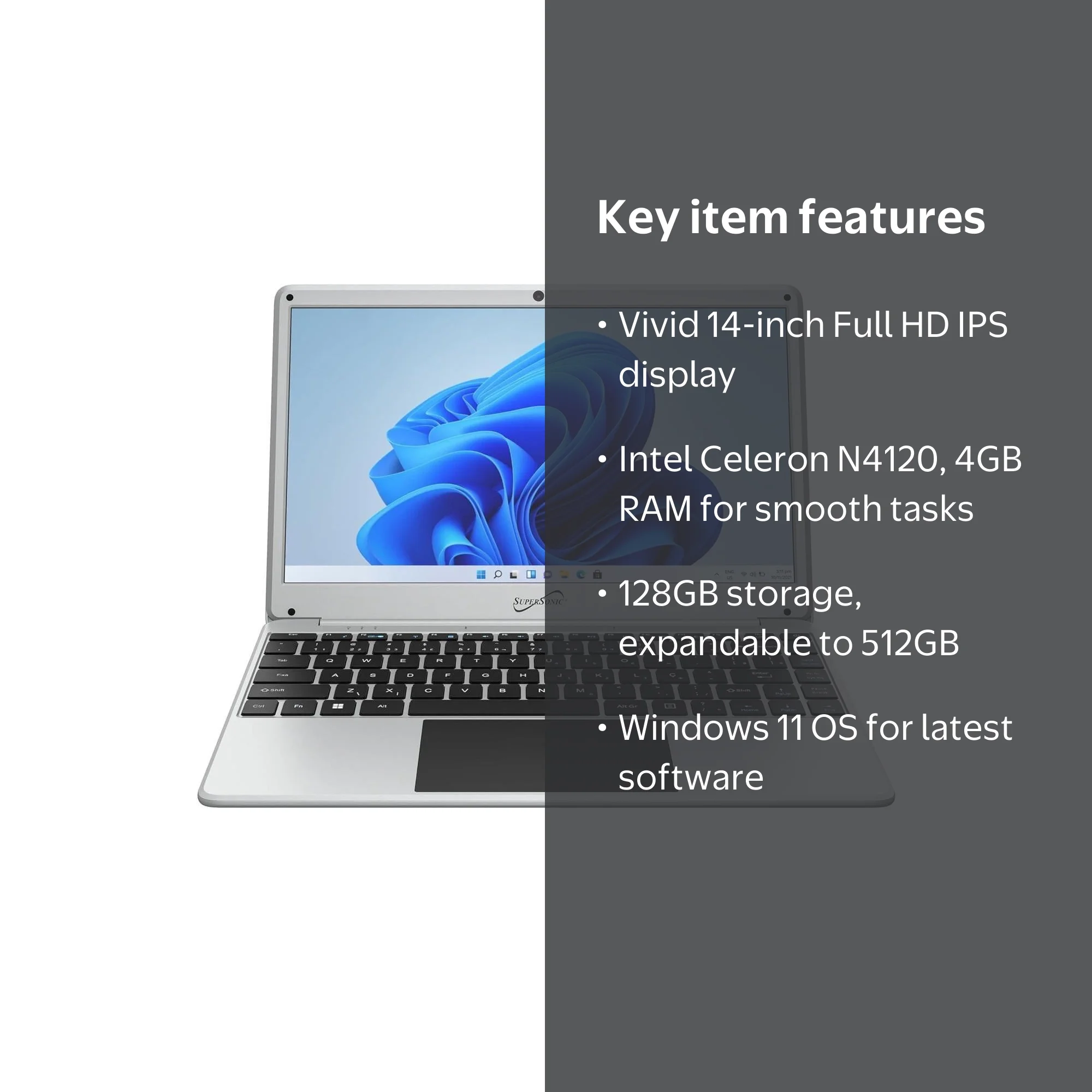 Supersonic 14-inch FHD Notebook Laptop, Intel Celeron N4120, 128GB