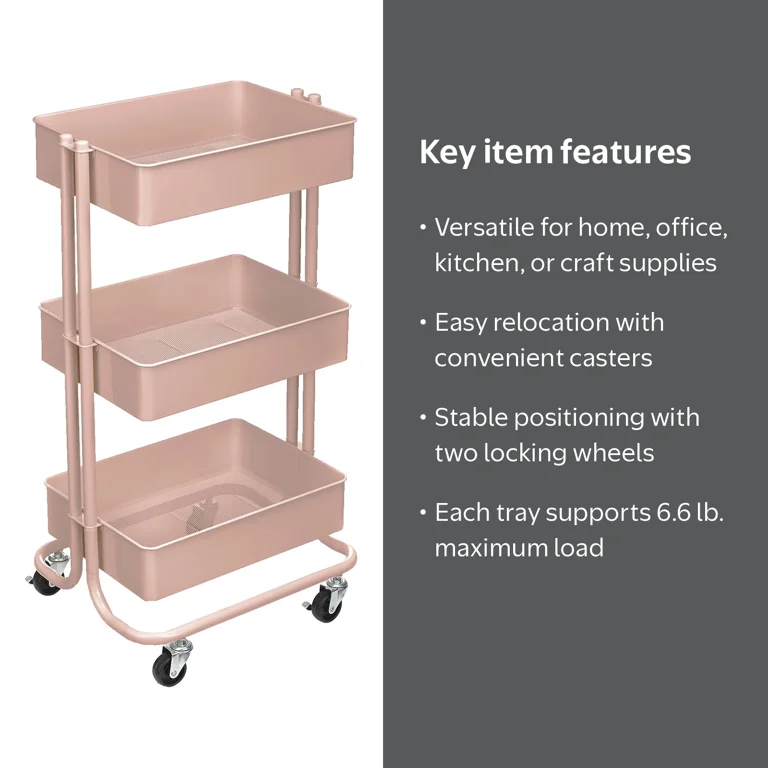 Lexington Rose Gold 3 Tier Room Shelf With Wheels - Simply Tidy