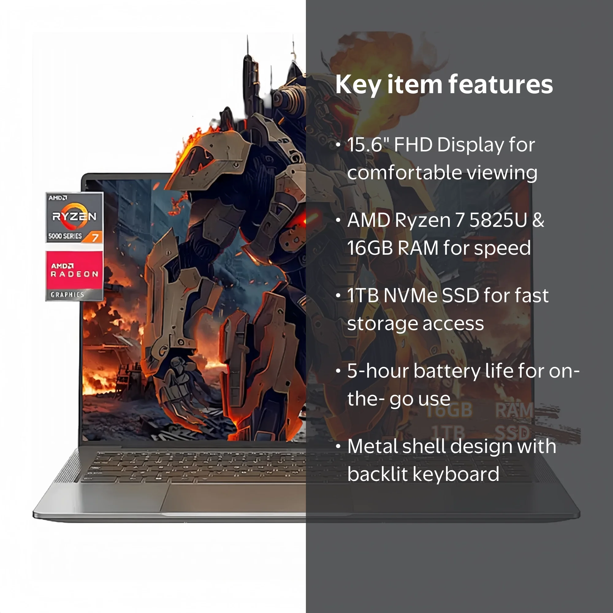 Laptop 15.6 FHD Gaming Laptop, AMD Ryzen 7 5825U, 16GB RAM, 1TB