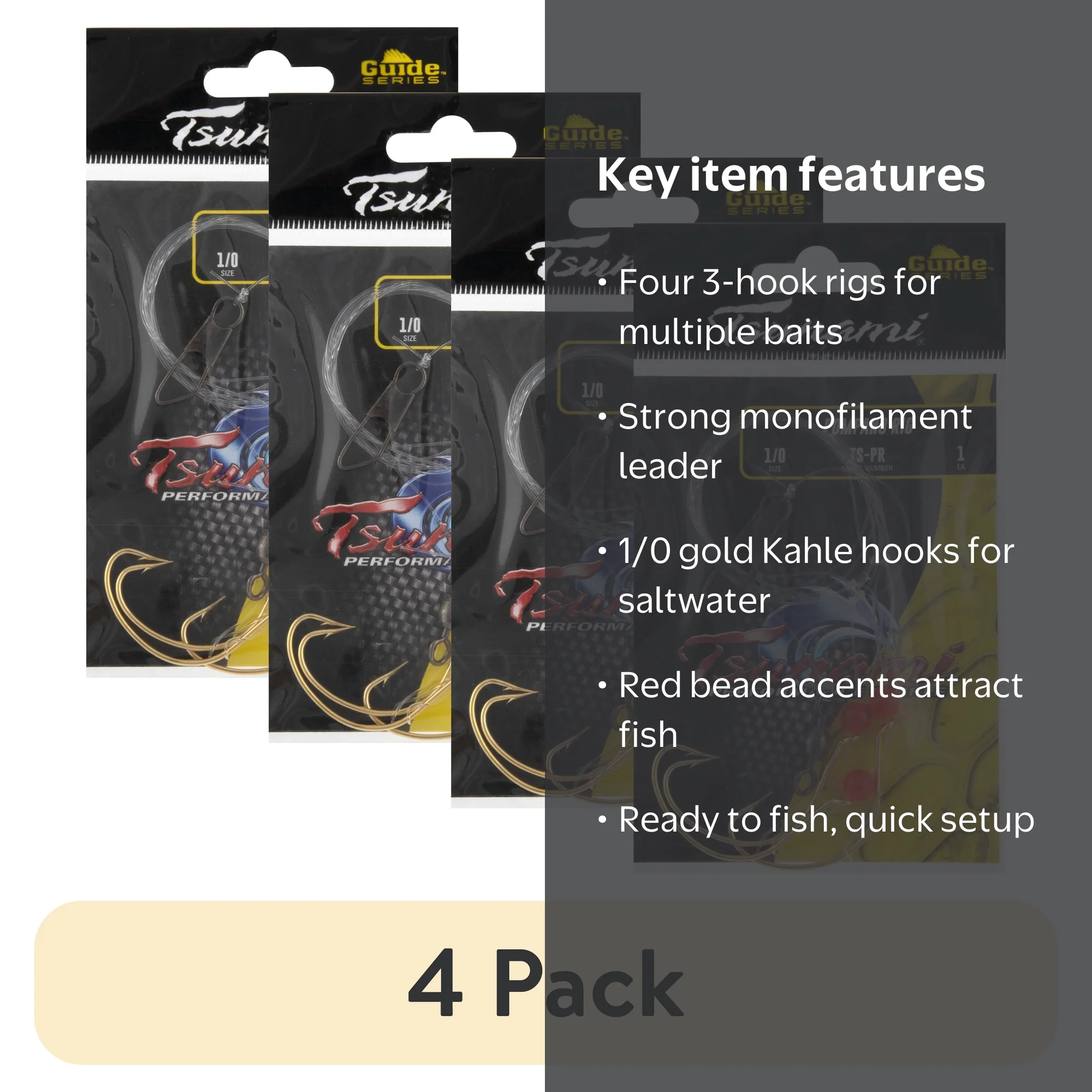 4 pack) Tsunami Pompano Fishing Rig 3‑Hook Monofilament Leader