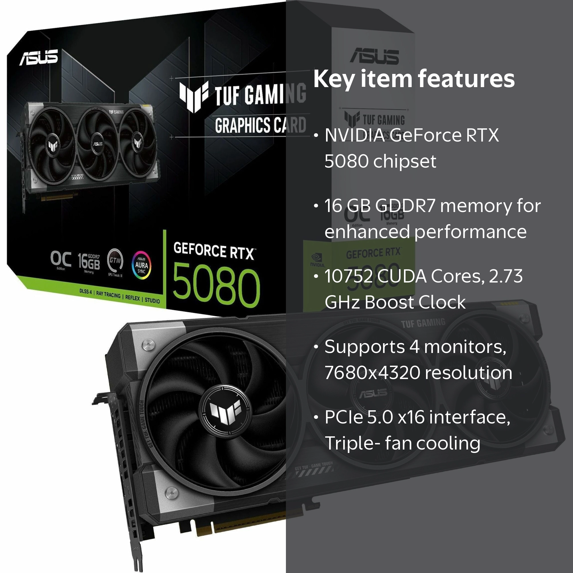 ASUS, NVIDIA GeForce RTX 5080 Graphic Card, 16 GB GDDR7, Black