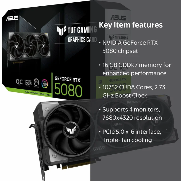 ASUS, NVIDIA GeForce RTX 5080 Graphic Card, 16 GB GDDR7, Black