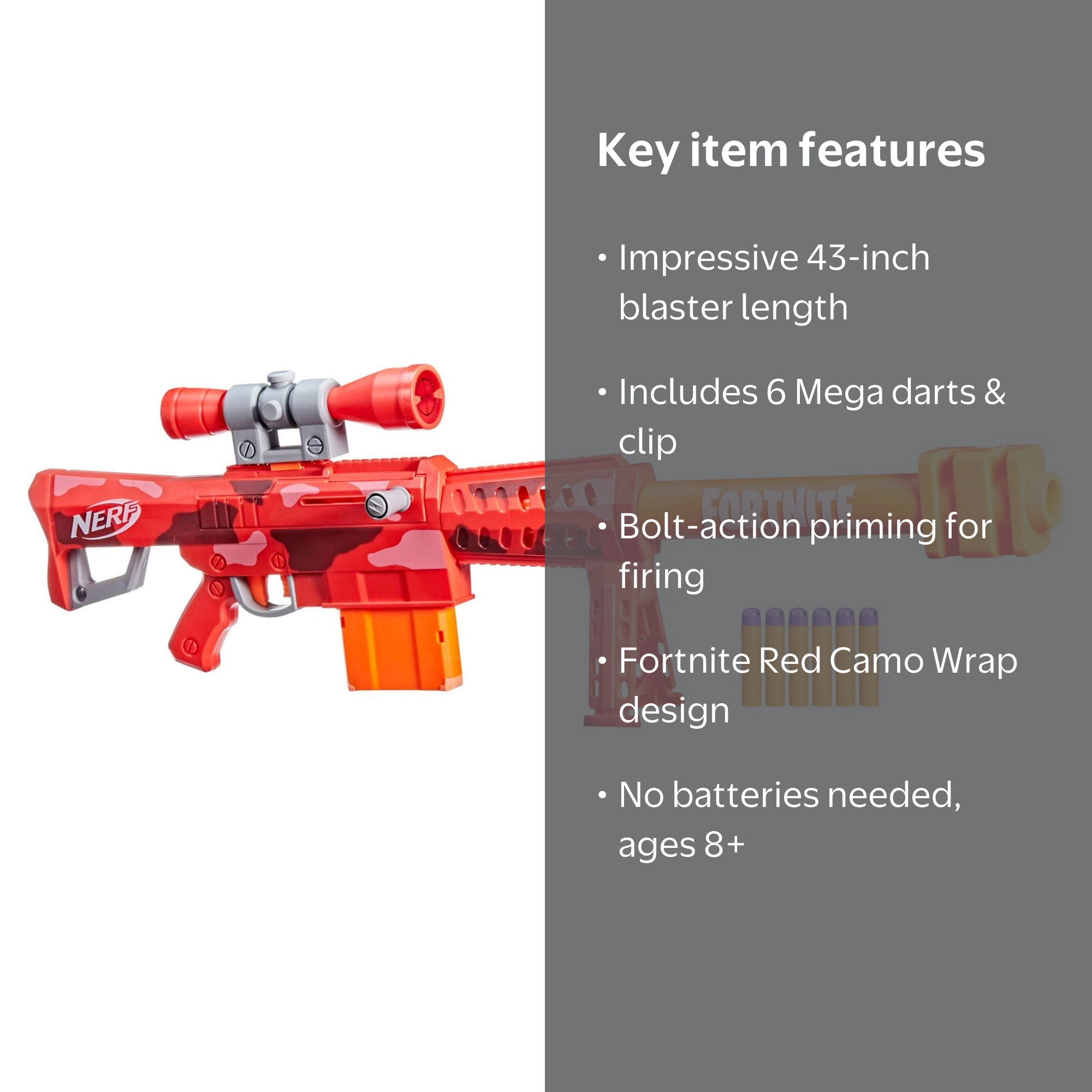 Nerf Fortnite Heavy SR Dart Blaster with Scope, 6 Mega Darts Kids
