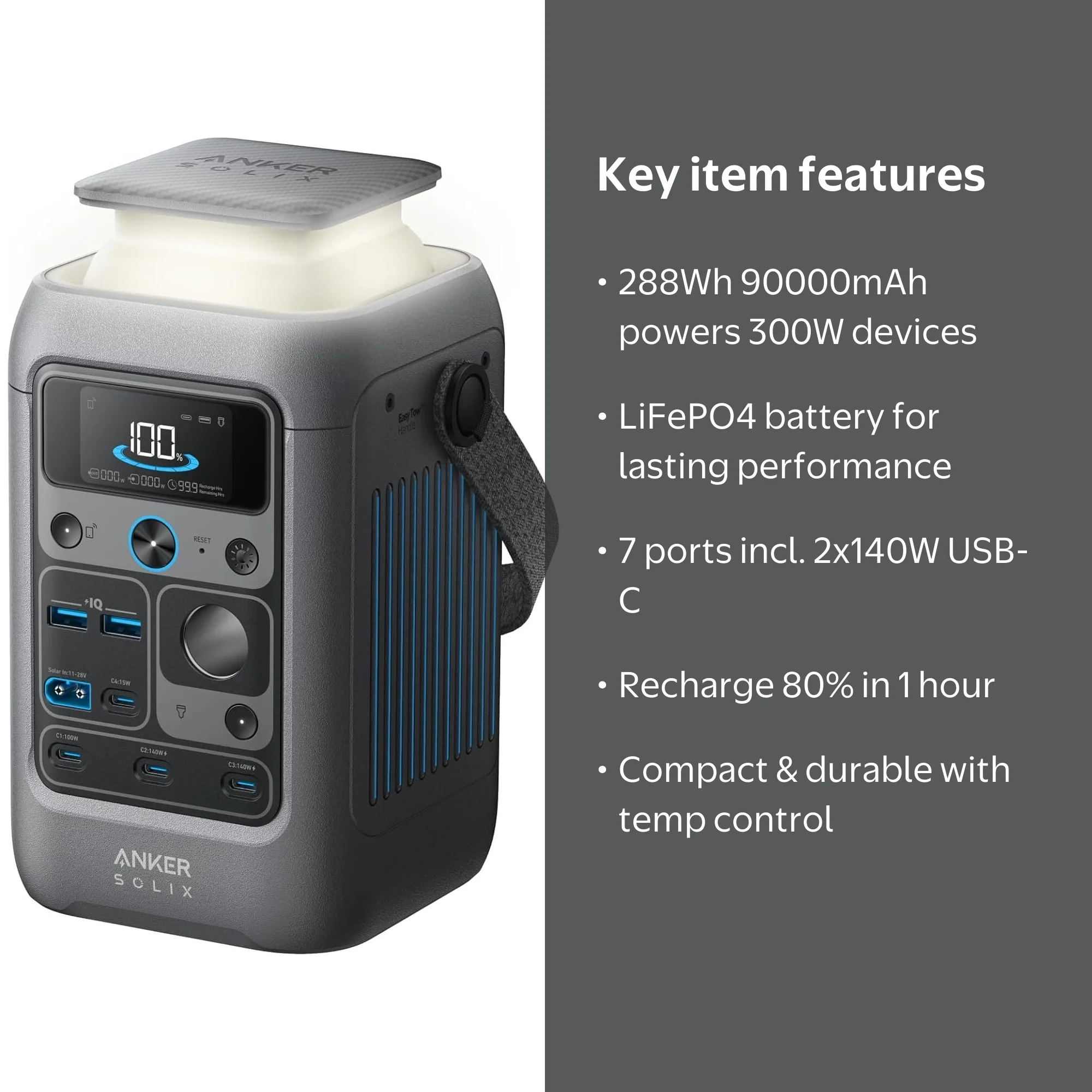 Anker SOLIX C300 DC Power Bank Station 288Wh 90000mAh 300W Solar