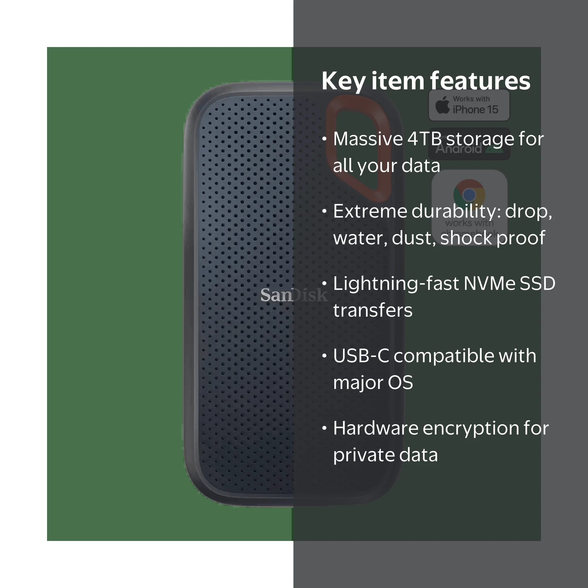 SanDisk 4TB Extreme Portable SSD, Black, NVMe Performance, Durable