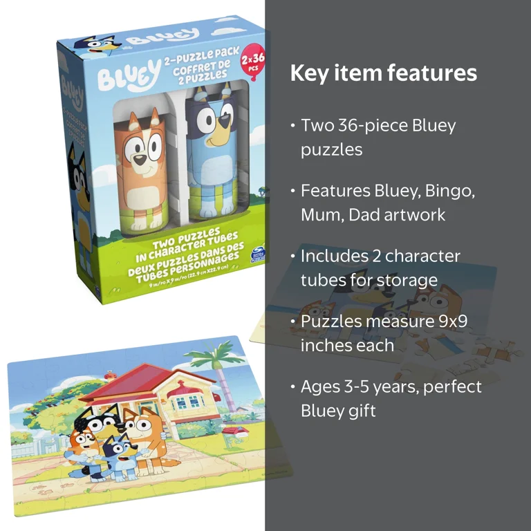 bluey Spin Master Games, Jigsaw Puzzle, 36 Pc Bluey 2-Pack, Toy Gift Set