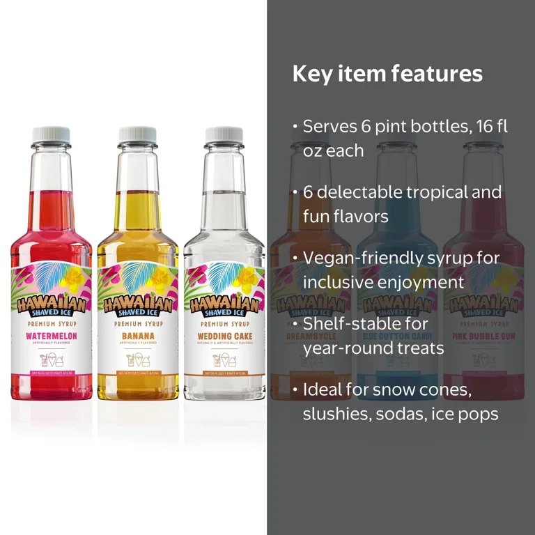 Hawaiian Shaved Ice Snow Cone Syrup Variety Pack, 6 Pints