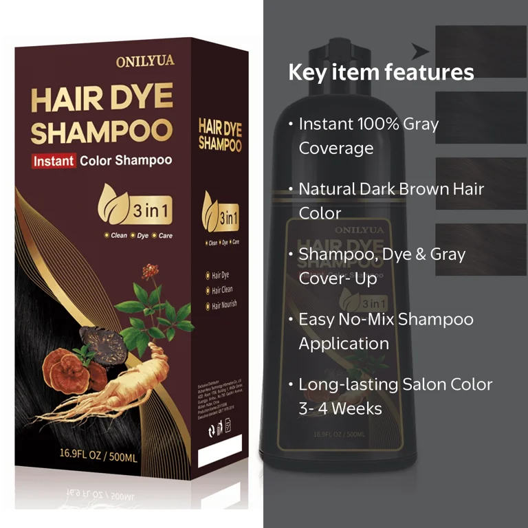 Onilyua Dark Brown Hair Dye Shampoo, 500 mL, 3-in-1, Gray Coverage