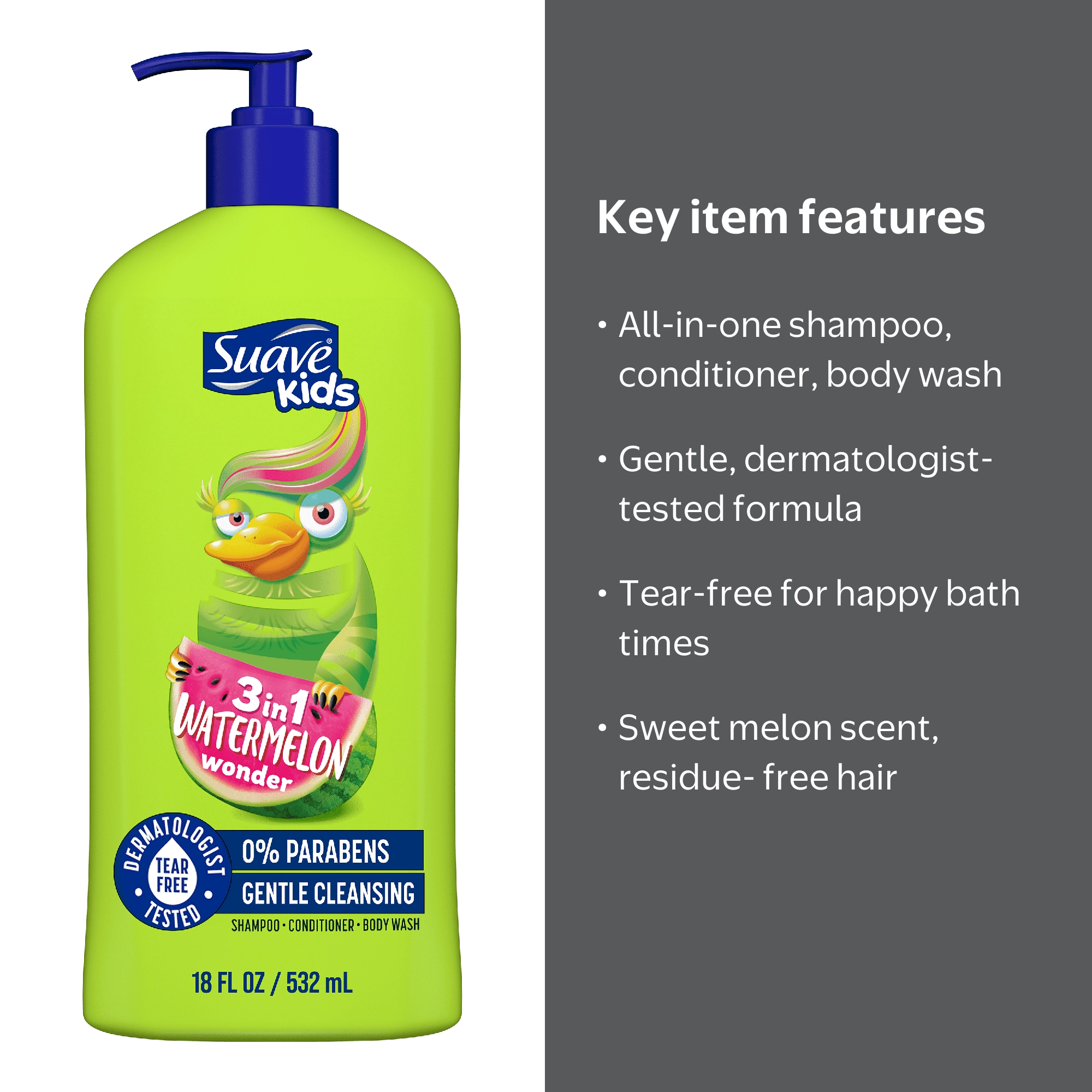 Suave Kids 3-in-1 Shampoo Conditioner & Body Wash, Wacky Melon, 18