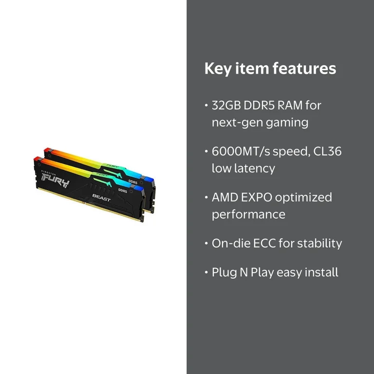 Free Shipping! Kingston DDR5 32GB Kit of 2 6000MTs RGB Memory with