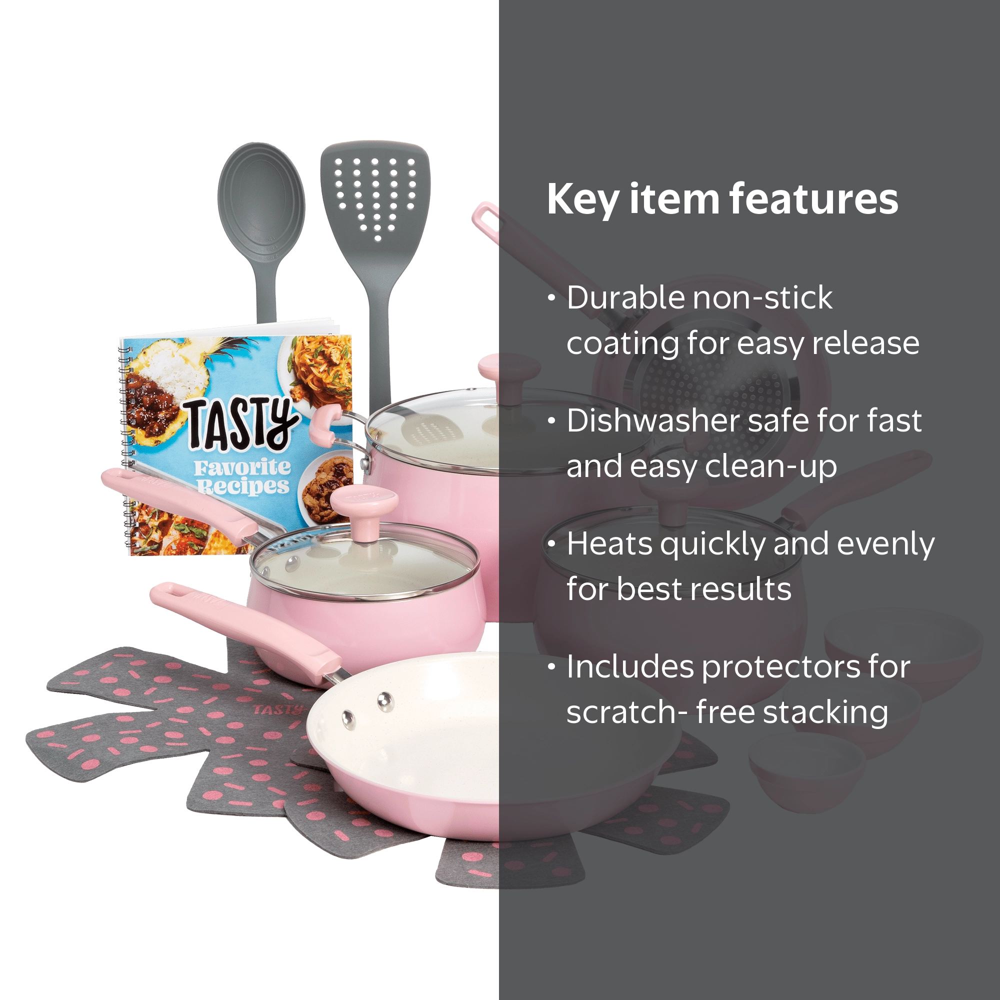 Tasty, Ceramic Cookware Set, 16 Piece, Pink with Non-Stick