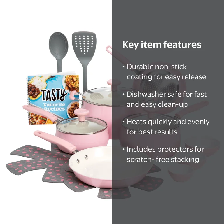 Tasty, Ceramic Cookware Set, 16 Piece, Pink with Non-Stick