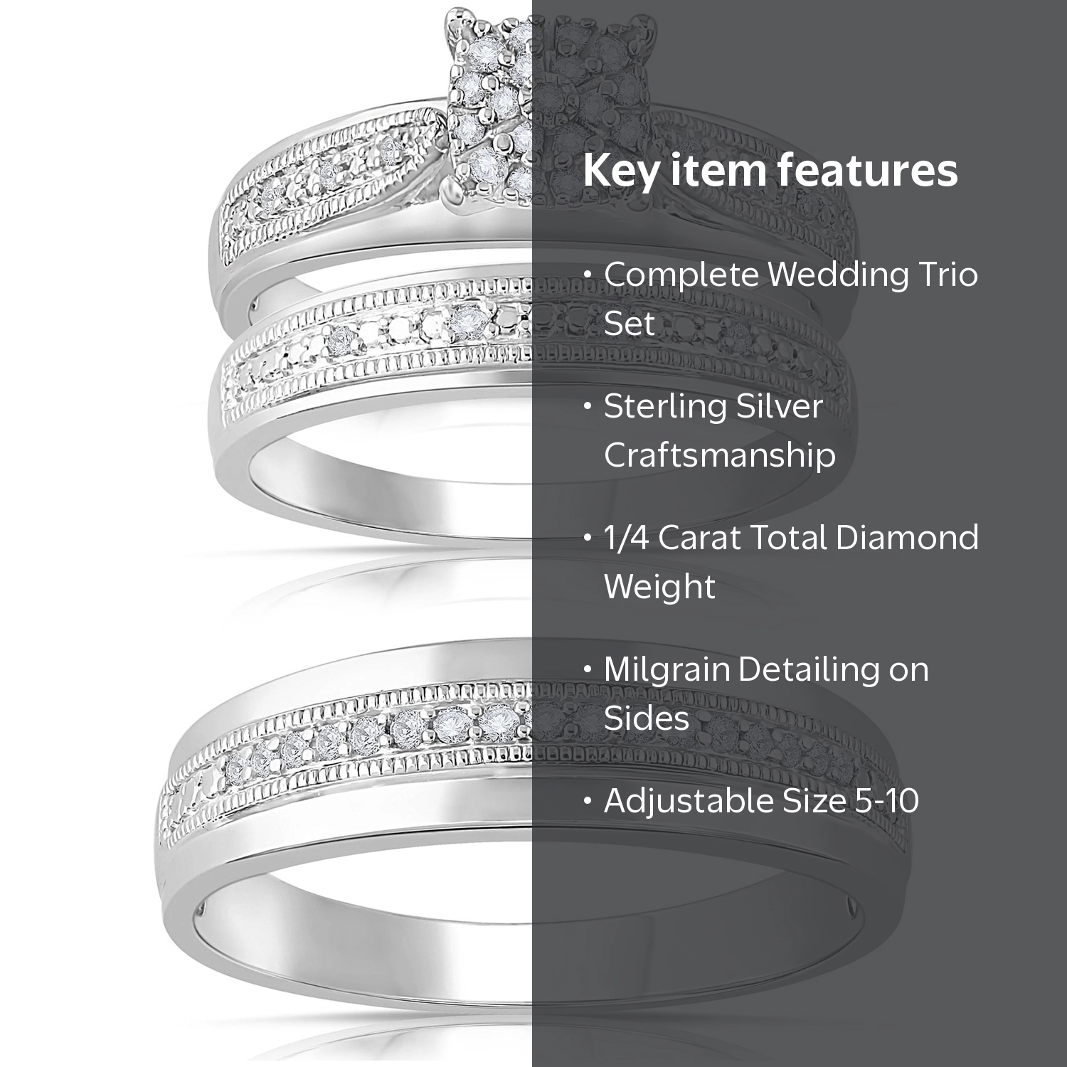 Forever Bride 1/4Ct Diamond Engagement Ring Trio Set, Sterling