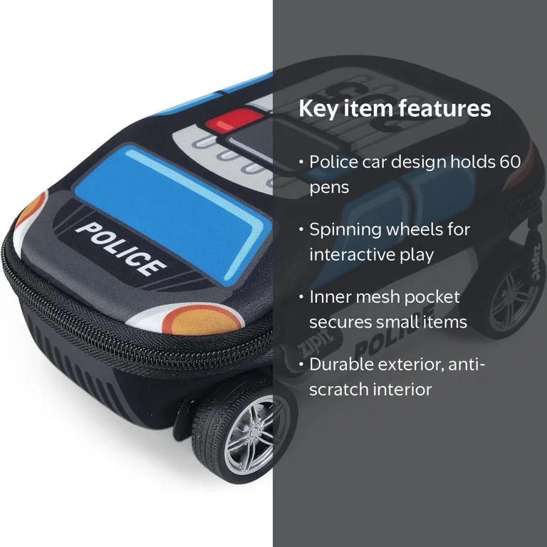 ZIPIT Police Car Pencil Case for Boys, Large Capacity, 8.6