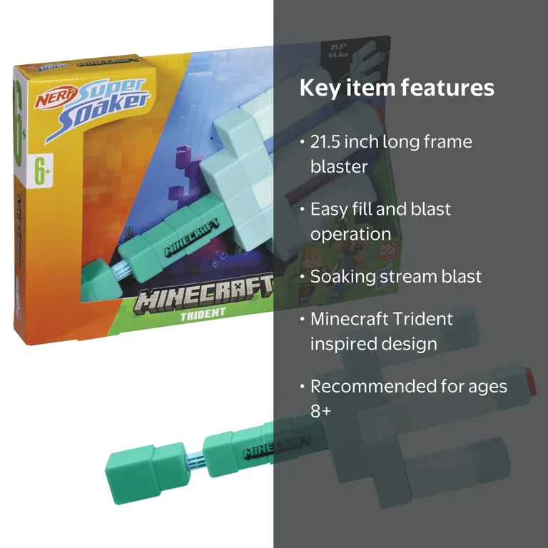 Nerf Super Soaker Minecraft Trident Water Blaster, Pull Back