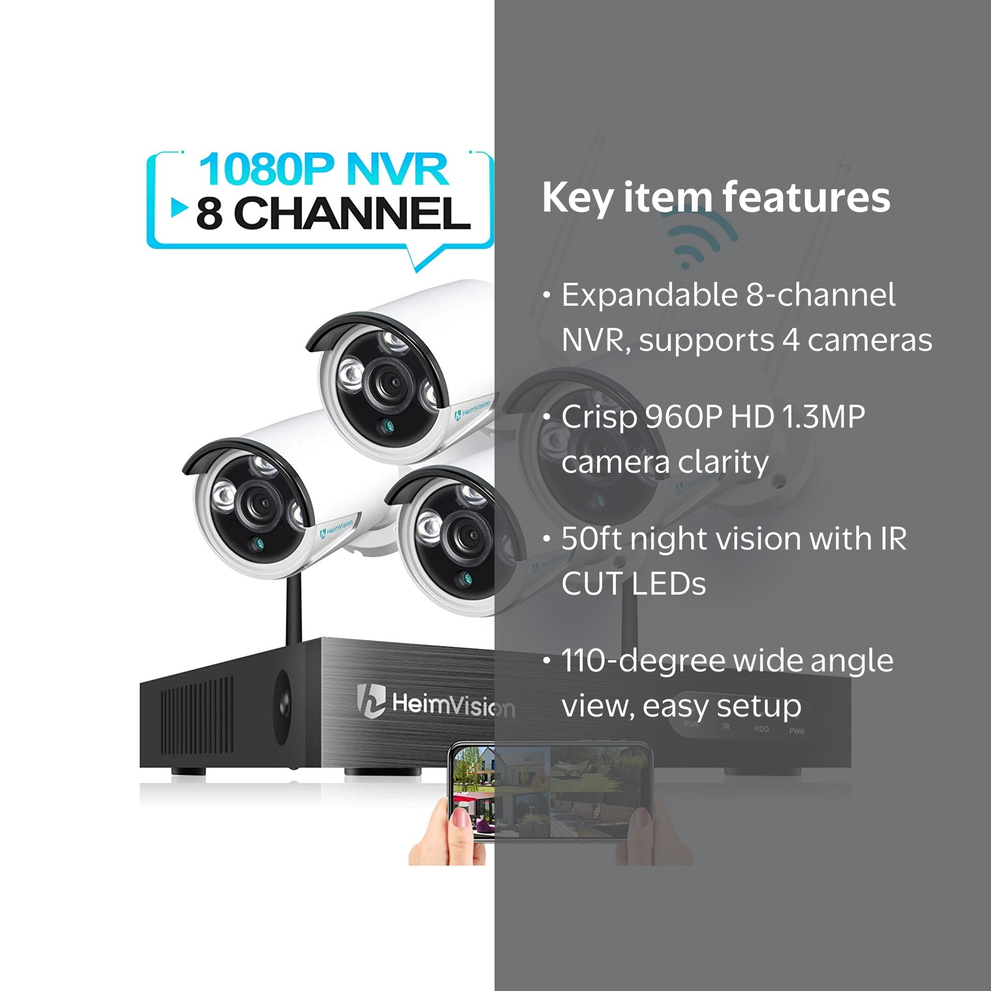 HeimVision HM241 8CH 1080P NVR, 4pcs 960P WIFI IP Cameras, Indoor