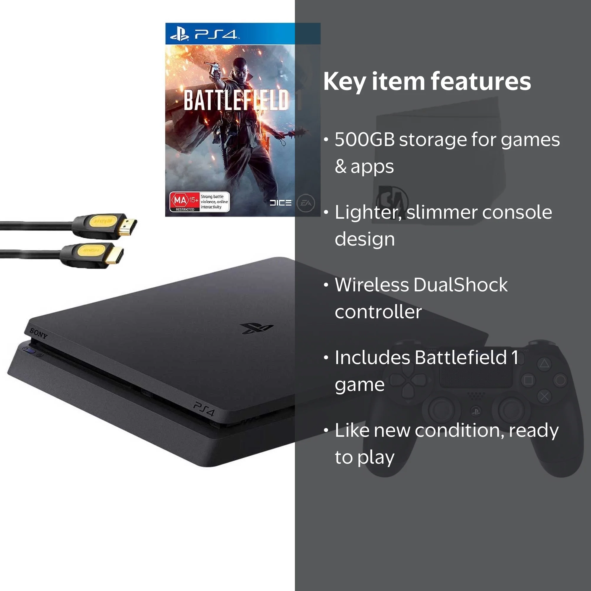 Sony PlayStation 4 Slim 500GB Gaming Console Black, Battlefield 1