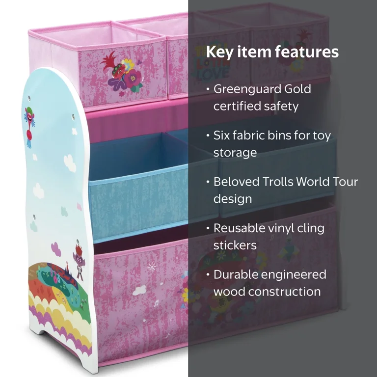 Trolls Toy Organizer with 6 Bins, Reusable Stickers, and Colorful