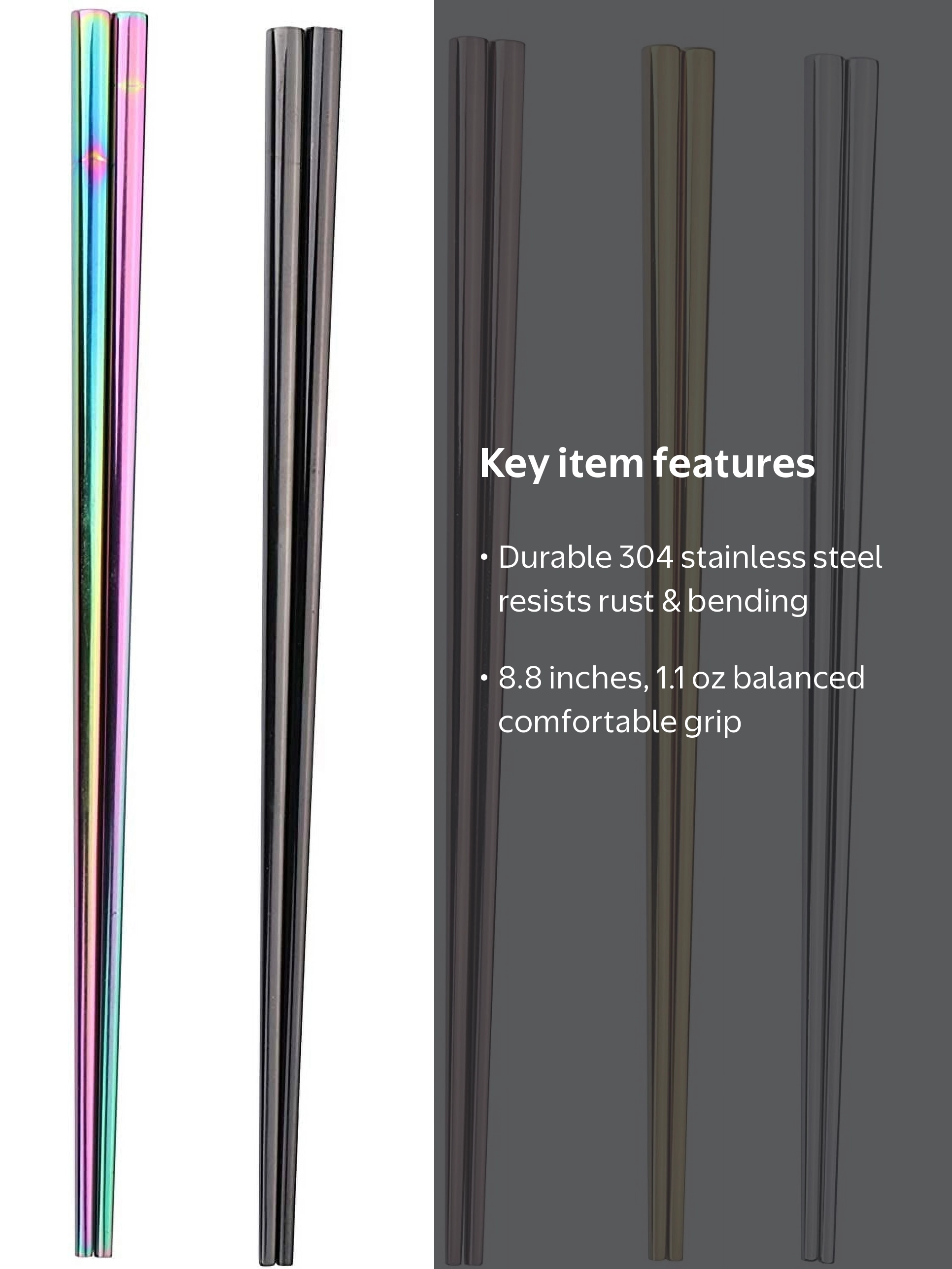 5 Pairs Long Colored Stainless Steel Chopsticks Set, Reusable