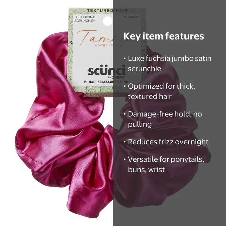 Scunci x Tamera Mowry Housley Jumbo Satin Scrunchie, Fuchsia, 1