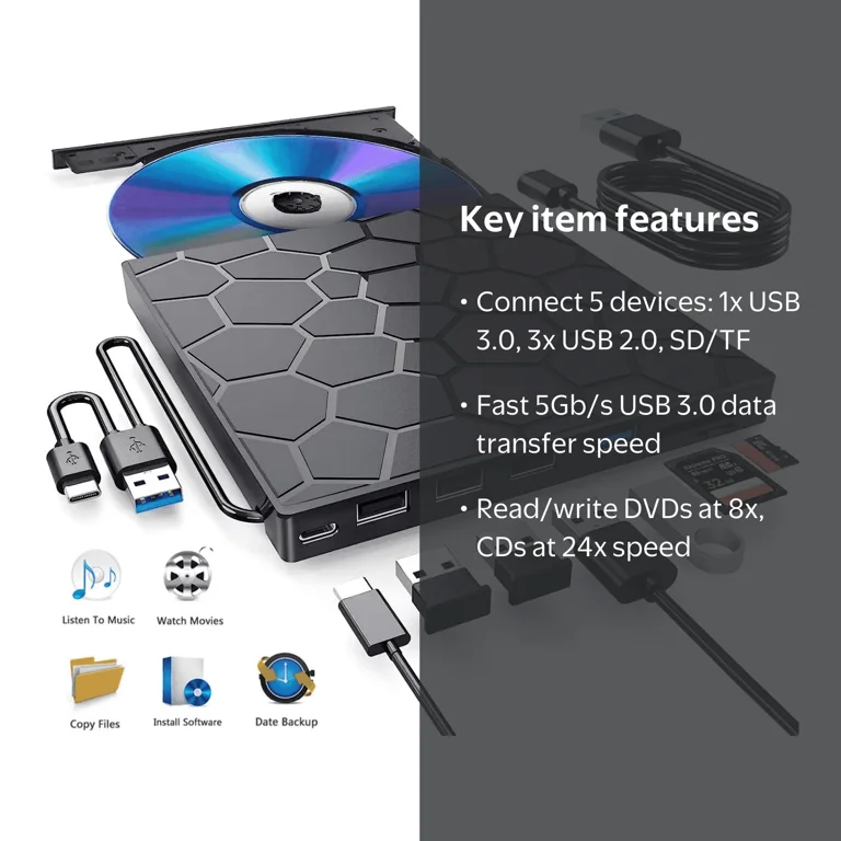 Free Shipping! Finopo External CD DVD Drive for Laptop, 8 in 1 USB