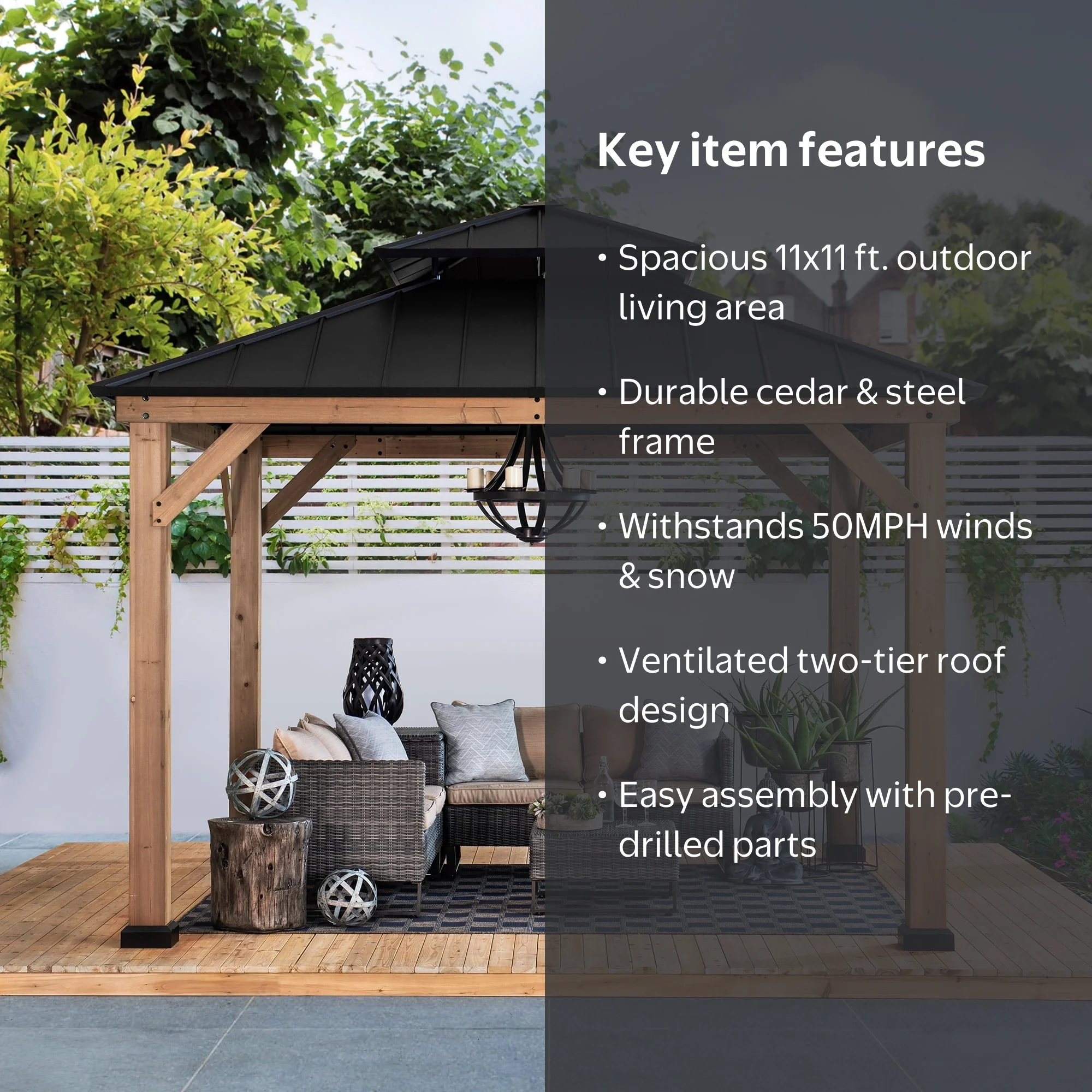 Sunjoy 11' x 11' Outdoor Permanent Gazebo with Hardtop Steel Roof