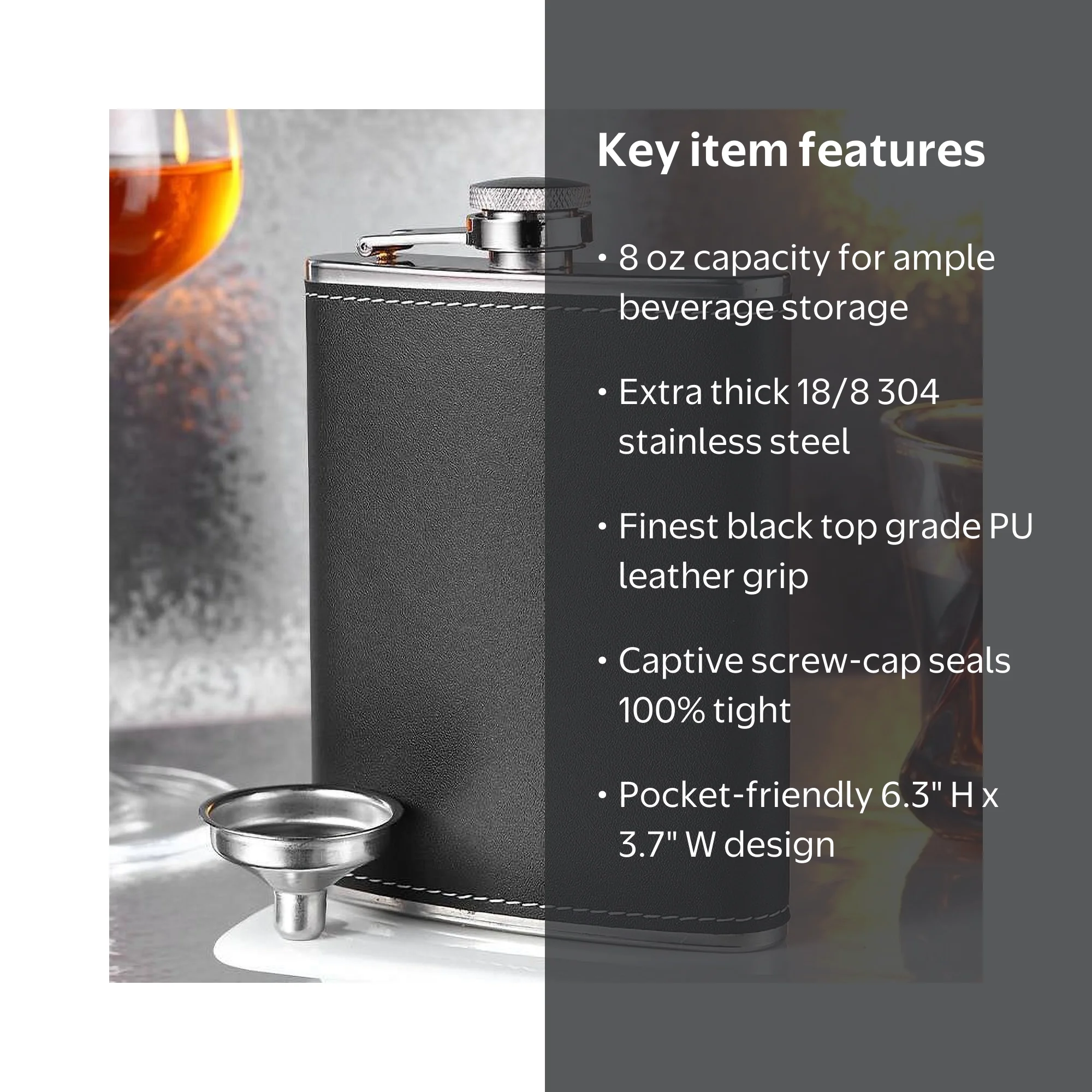 iMucci Flask and Funnel, 8 oz, Stainless Steel, Leak Proof, Black