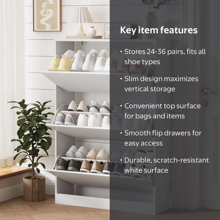 S-VIEW　ラック　3段　BK/WAL/WH FANRAL Shoe Storage Cabinet with 3 Flip Drawers, Slim White