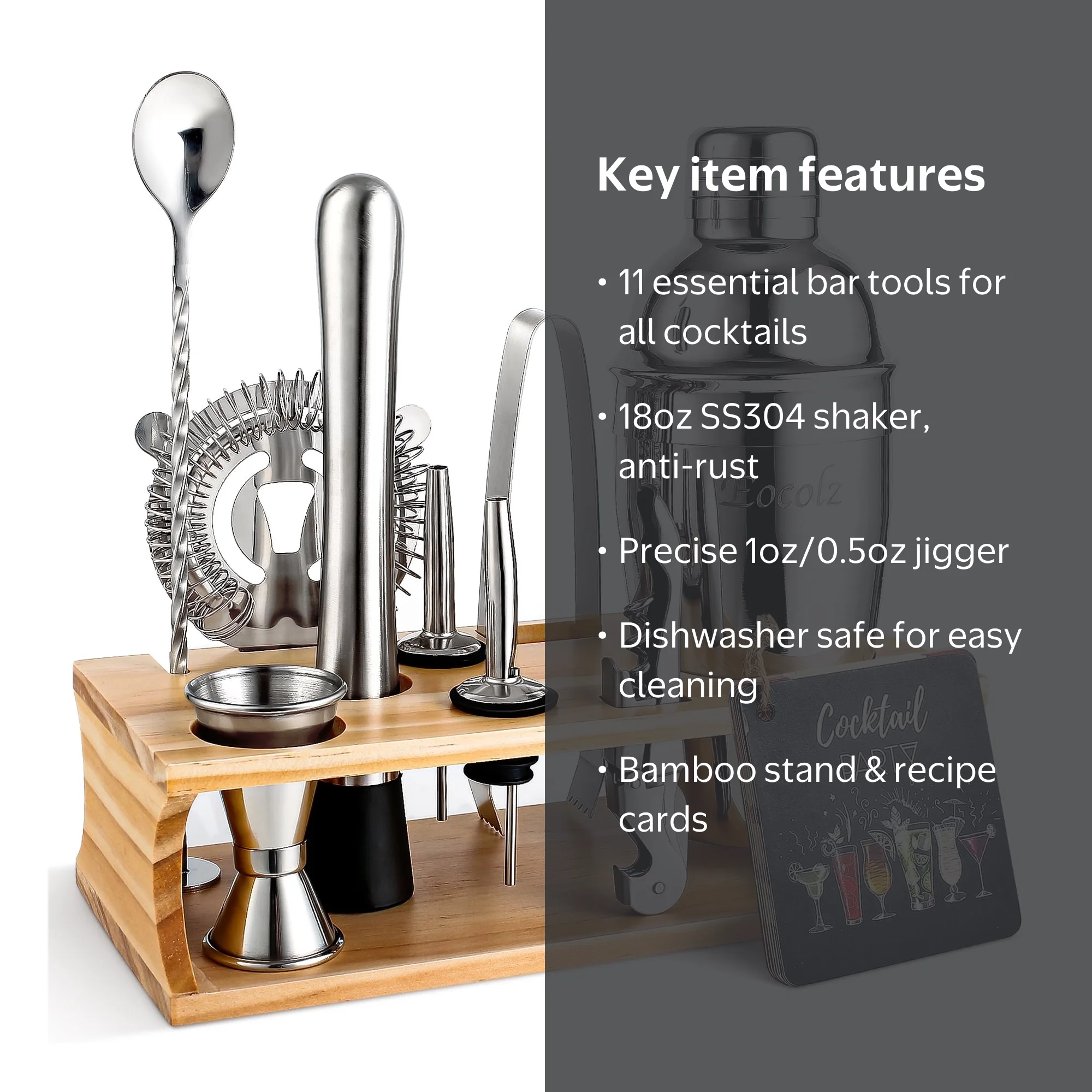 Eocolz 11-Piece Bartender Kit: Cocktail Shaker Set with Stand
