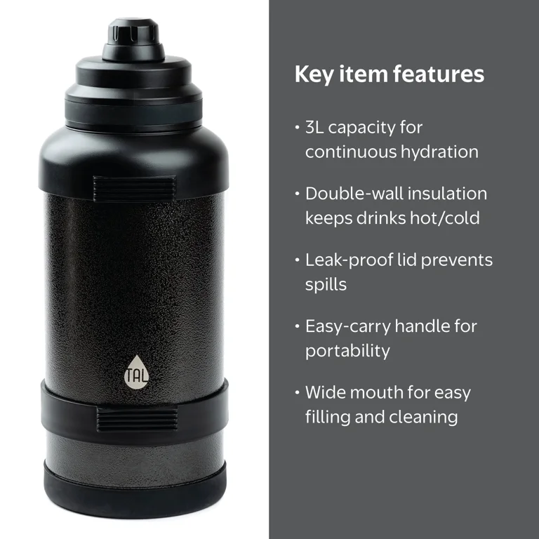 TAL 3 Liter Stainless Steel Zeus Black Water Bottle with Leak