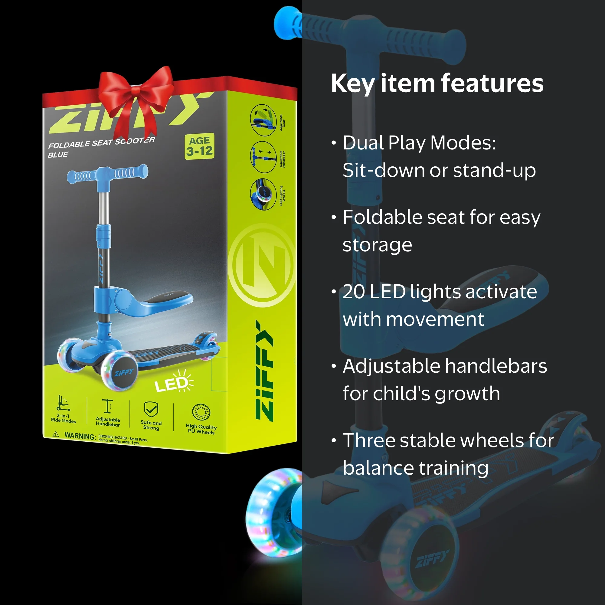 ZIFFY 2-in-1 Toddler Scooter with Seat, LED Lights, Foldable Seat
