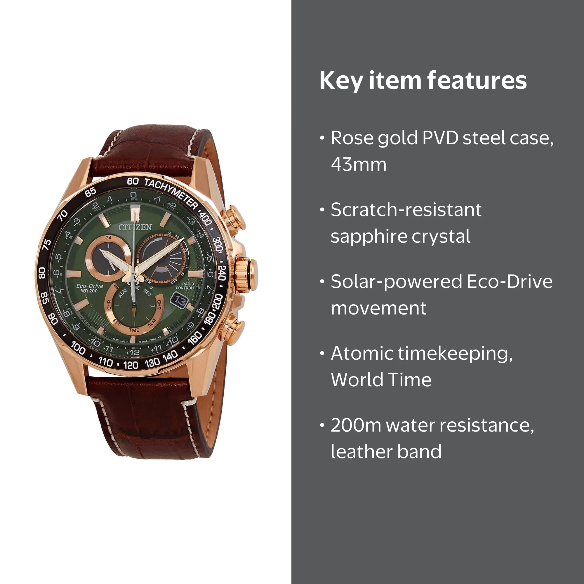 Citizen Eco-Drive PCAT World Time Chronograph, Green Dial, Men's