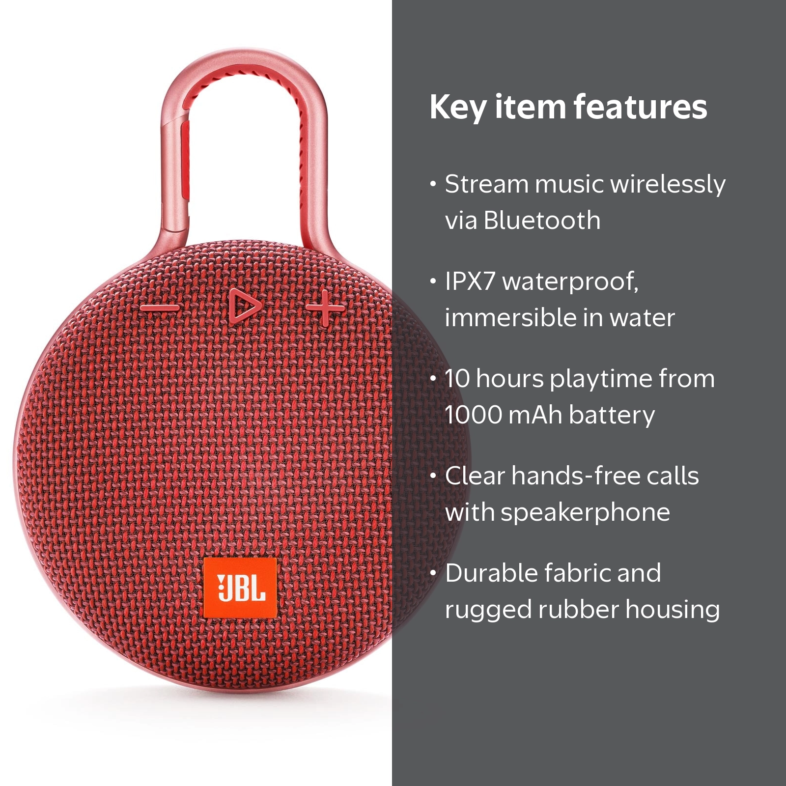 JBL, Portable Bluetooth Speaker, Clip 3 Fiesta Red, Waterproof