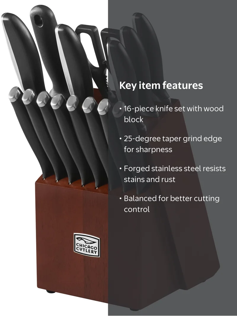 Chicago Cutlery, Knife Set, 16-Piece with Wood Block, Stainless