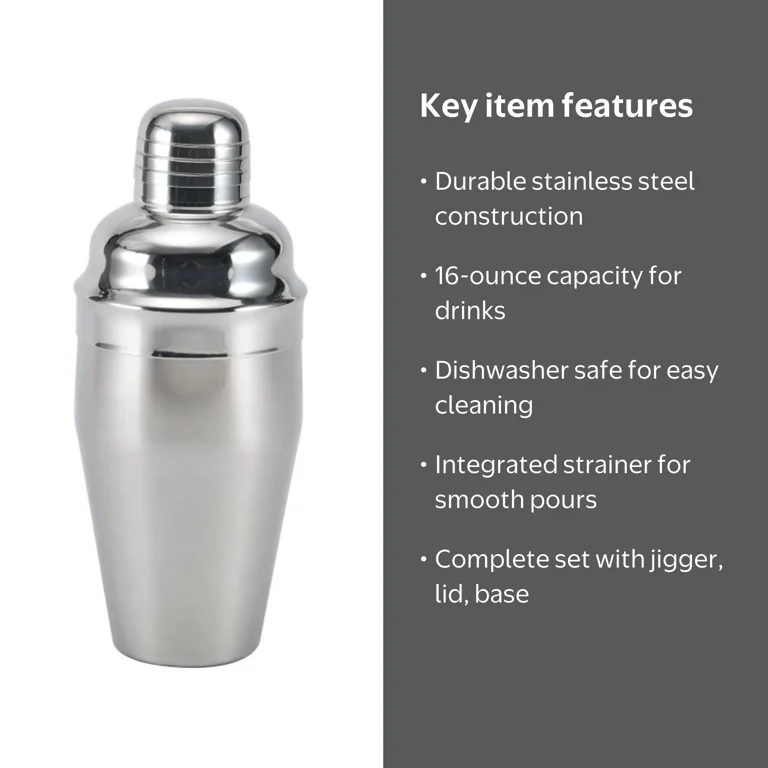 Houdini 16-ounce Stainless Steel Cocktail Shaker with Jigger Top