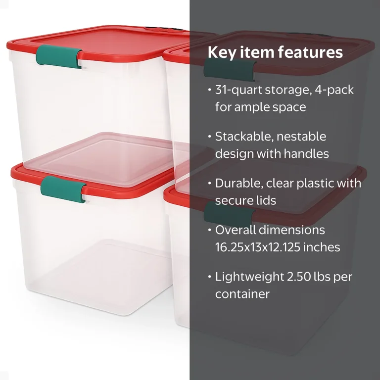 Homz, Holiday Plastic Storage Container Bin, 31 Qt, with Latching
