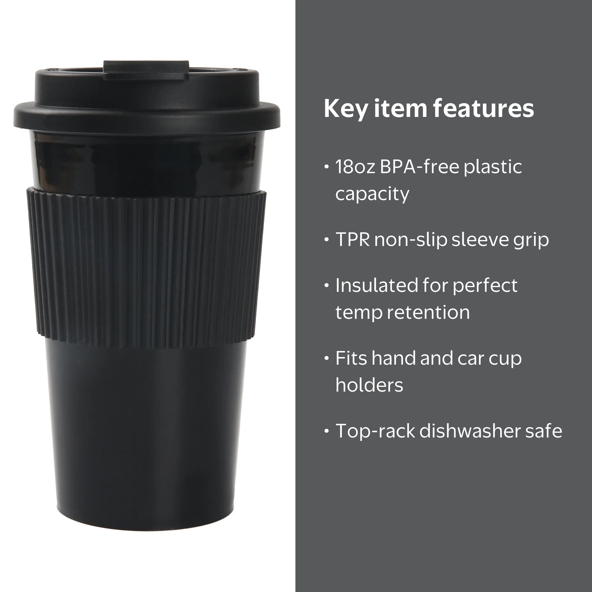 Mainstays 18oz Rich Black Plastic Travel Coffee Cup with Lid