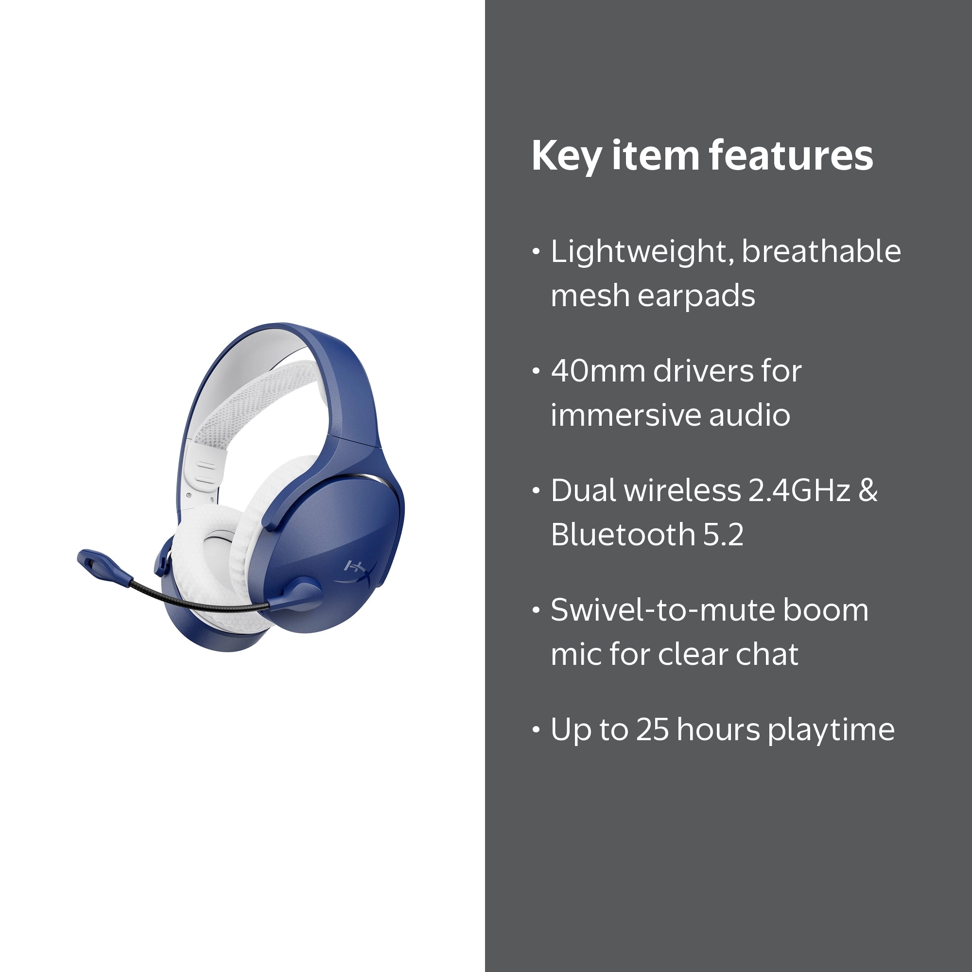 HyperX, Wireless Gaming Headset, Jet, Light Blue, 2.4GHz Bluetooth