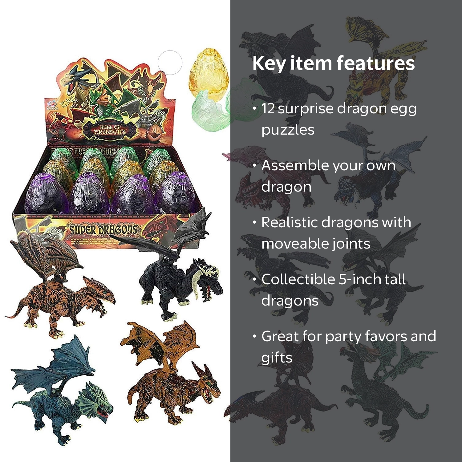 Bisontec Dragon Figurine Puzzles in Jurassic Eggs - 12 Pack