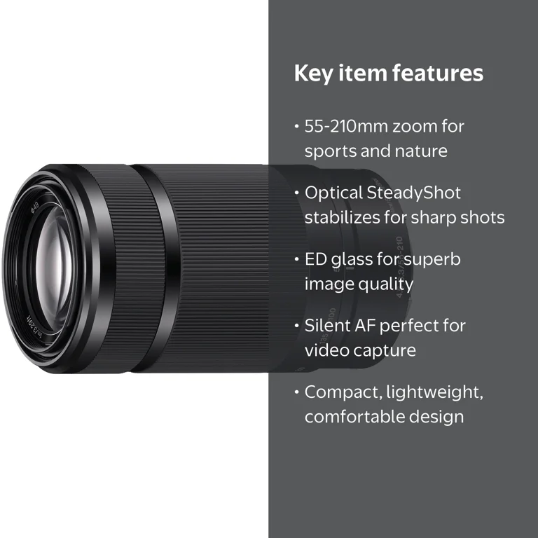 Sony, E-mount Zoom Lens, 55-210mm, Optical SteadyShot, Black Sony, E-mount Zoom Lens, 55-210mm, Optical SteadyShot, Black