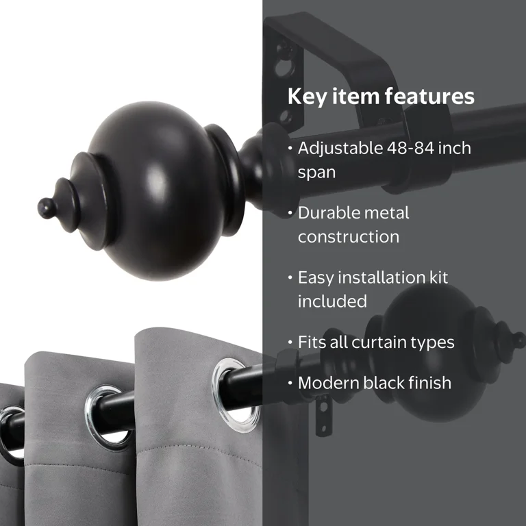 Deconovo Adjustable Window Curtain Rod with Decorative Finials, Easy Installation Wall-Mounted Rod, Durable, 48-84, Black, Size: 48