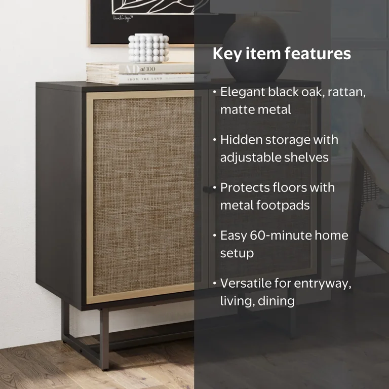 Nathan James Kova Cane Rattan Doors Accent Cabinet with Black