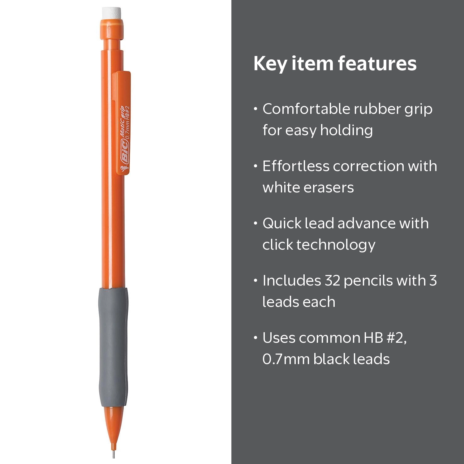 BIC Matic Grip Mechanical Pencil, HB #2, 0.7mm, Black, 32 Pencils