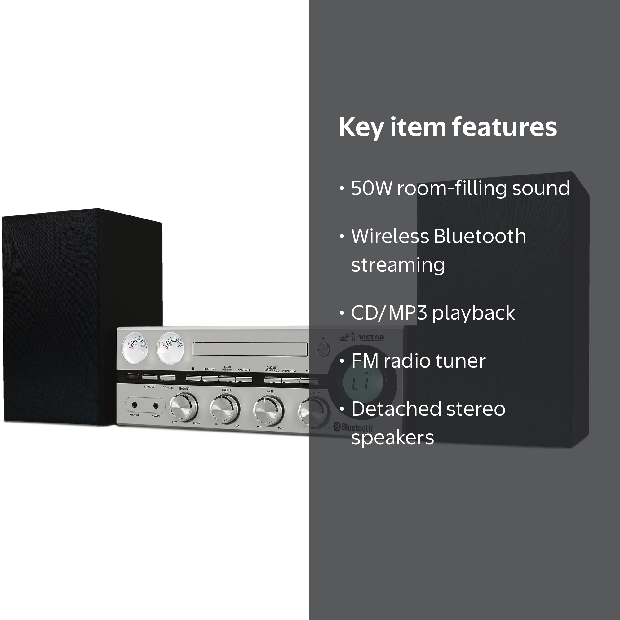 Victor, Stereo System, 50 Watt, Bluetooth CD MP3 Radio Silver