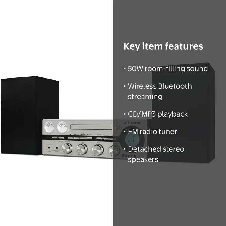 Victor, Stereo System, 50 Watt, Bluetooth CD MP3 Radio Silver